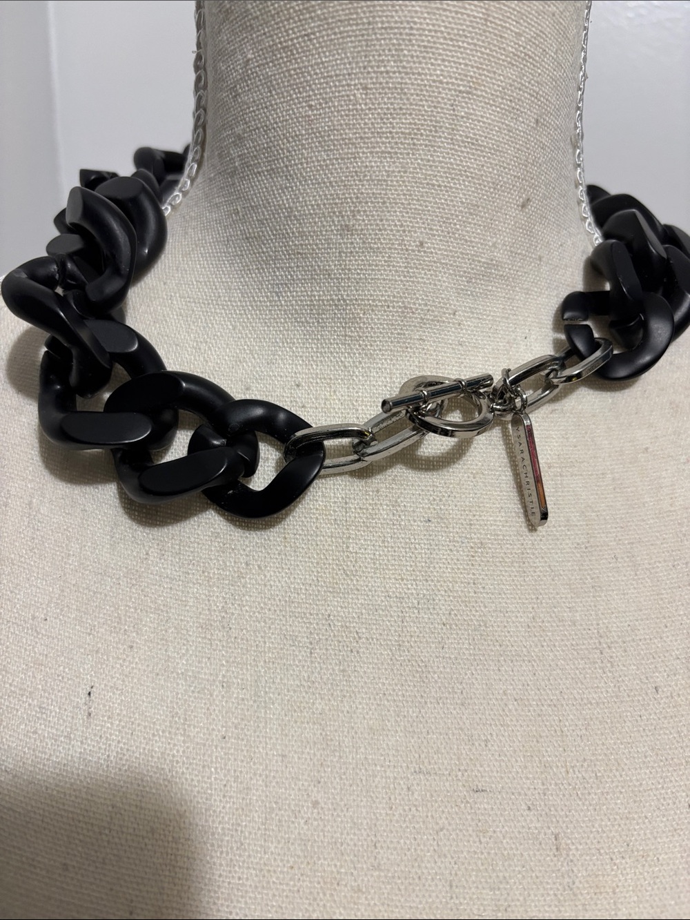 Matte Black Chunky Link Necklace with Silver Toggle and Tag